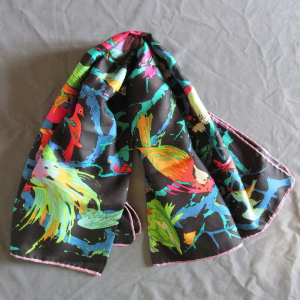 Vintage Ken Scott Scarf Womens Silk Dark Tropical Jungle Birds Novelty Colorful - Picture 2 of 15